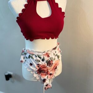 Scarlet Scalloped bikini Top with Floral Scallop High-Waist Bottoms size large